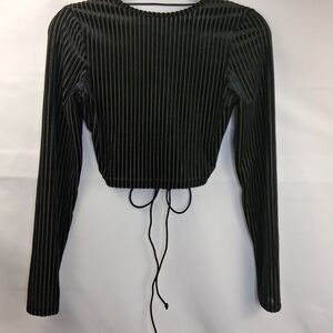 Shein Black Ribbed Velvet Long Sleeve Lace-up Back Crop Top Size S